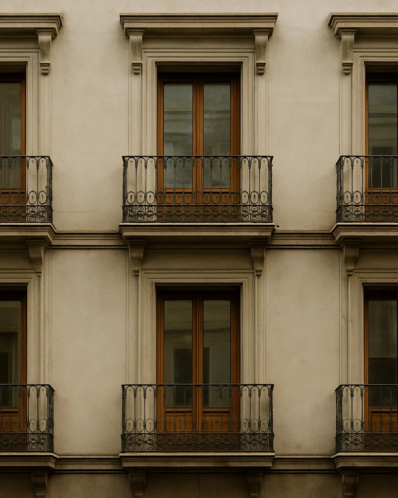 Detalle arquitectónico de un edificio residencial de Madrid con b