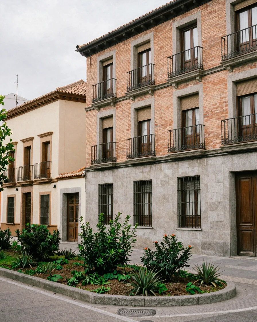 Calle residencial de Madrid en luz diurna suave, fachadas de pied